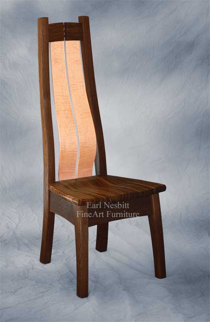 custom made dining chair showing zebrawood seat and curly maple bent laminate slats